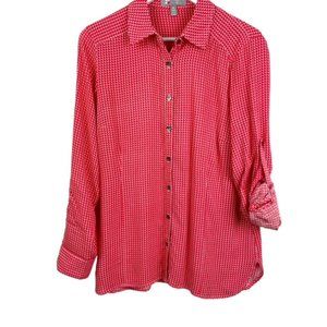 Tina Stephens Womens M Red Geometric Print Roll Tabs Sleeves Button Down Shirt